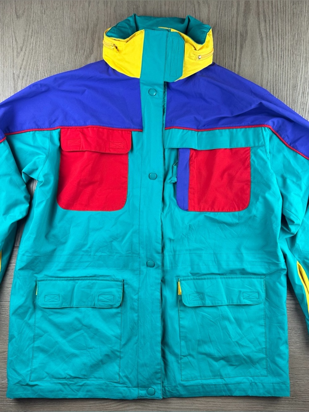 Vintage Eddie Bauer Gore Tex Jacket Hooded Colorblock 90s Teal Red Blue L